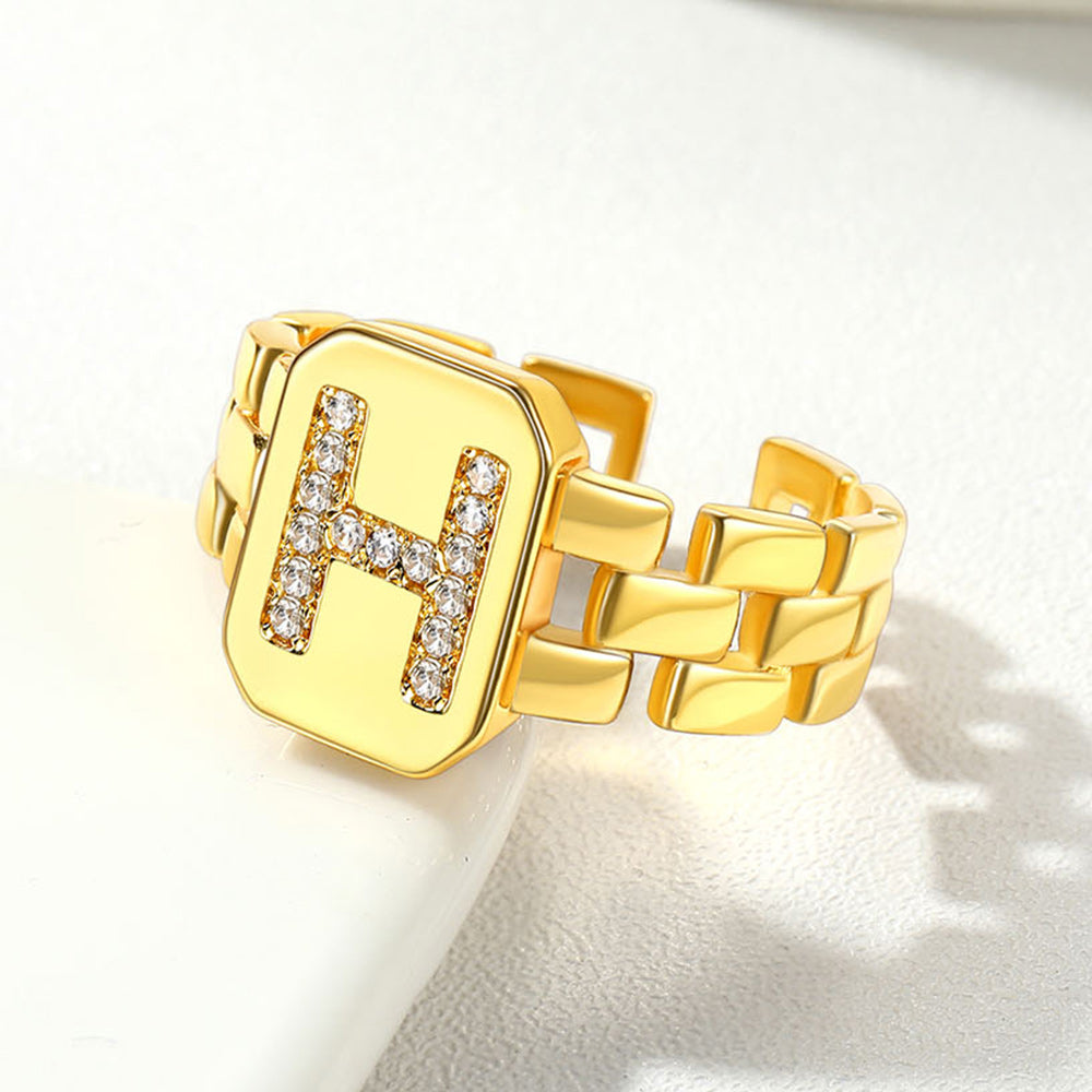 Cubic Zirconia Initial Letter Adjustable Chain Signet Rings for Women Men