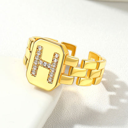Cubic Zirconia Initial Letter Adjustable Chain Signet Rings for Women Men