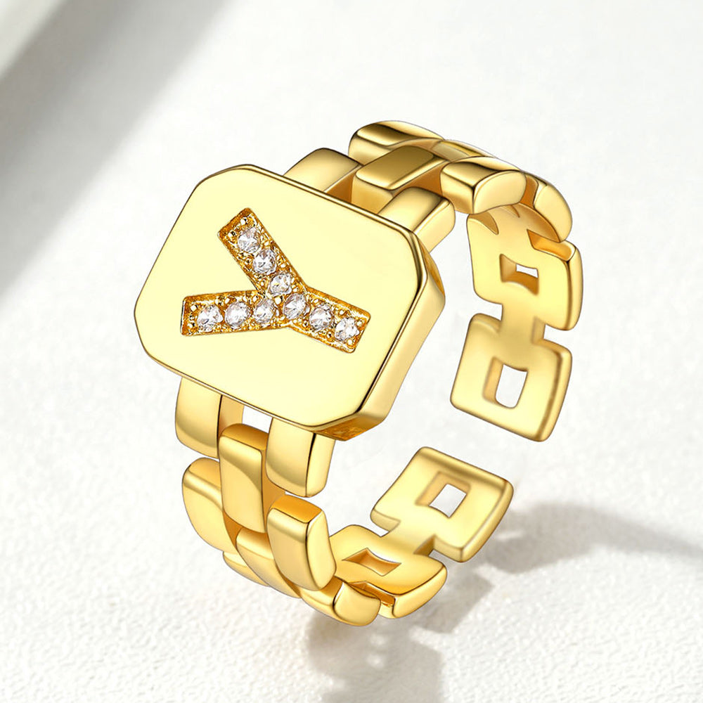 Cubic Zirconia Initial Letter Adjustable Chain Signet Rings for Women Men