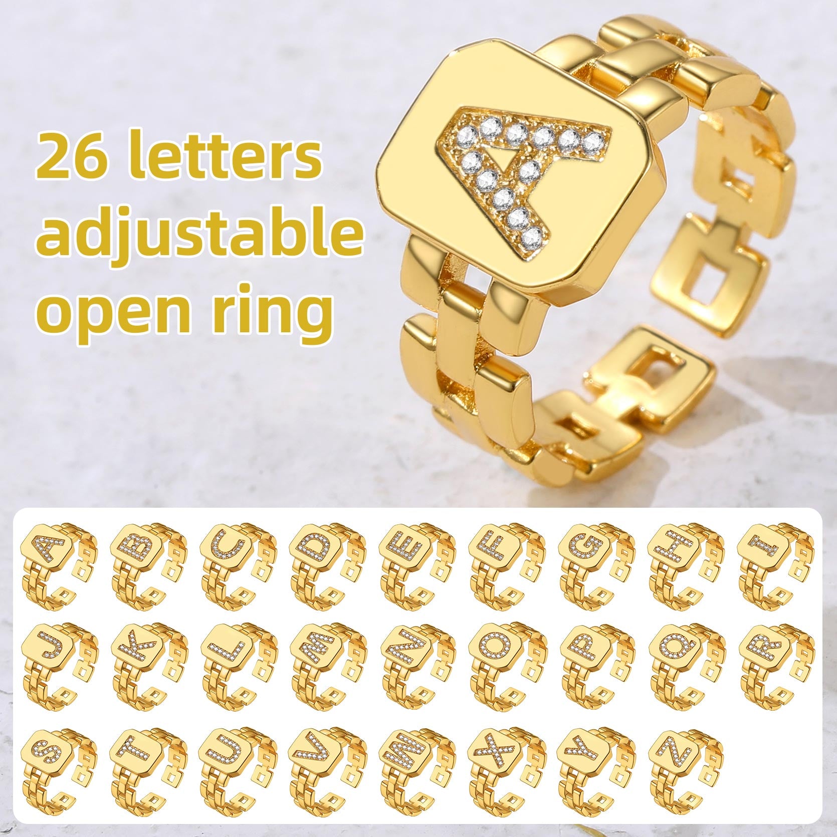 Cubic Zirconia Initial Letter Adjustable Chain Signet Rings for Women Men