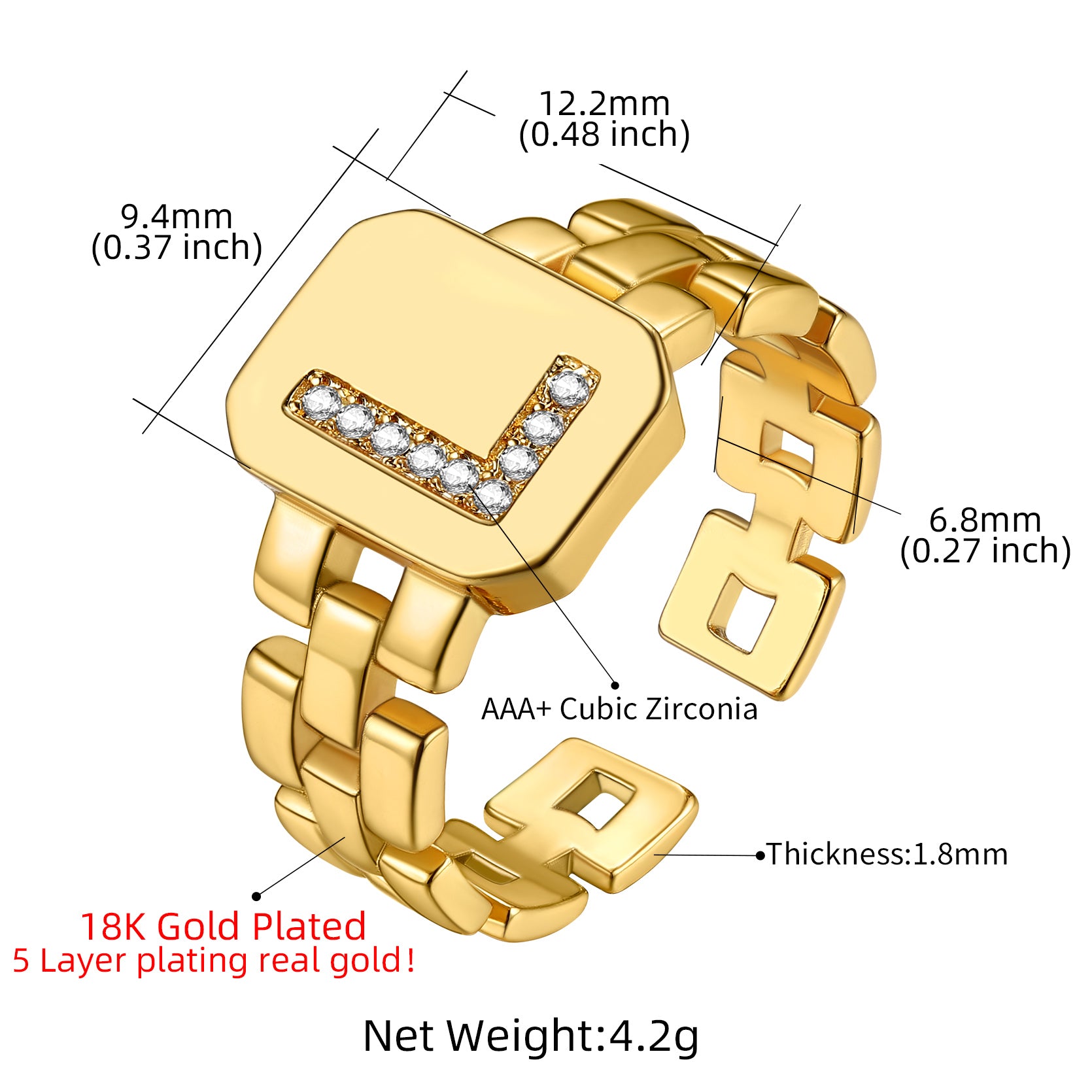 Cubic Zirconia Initial Letter Adjustable Chain Signet Rings for Women Men