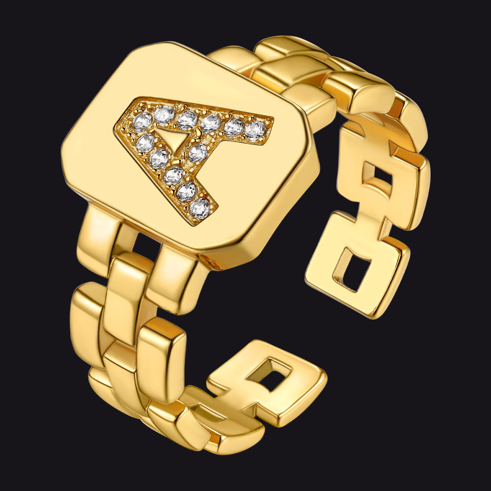 Cubic Zirconia Initial Letter Adjustable Chain Signet Rings for Women Men