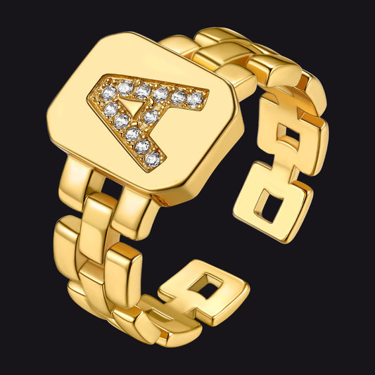 Cubic Zirconia Initial Letter Adjustable Chain Signet Rings for Women Men