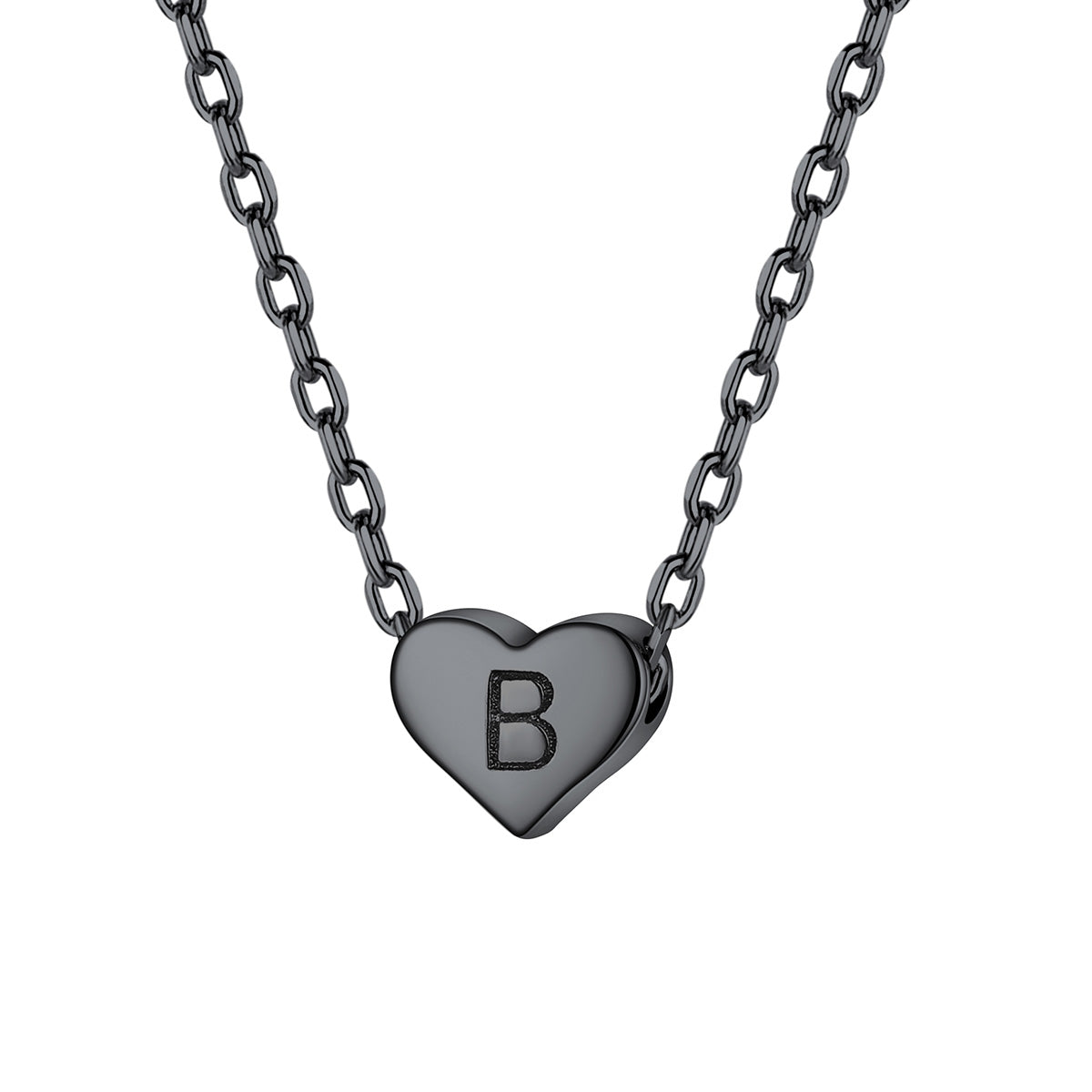 Initial B Heart Charm Necklace Black Plated