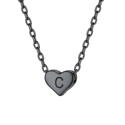 Initial C Heart Charm Necklace Black Plated