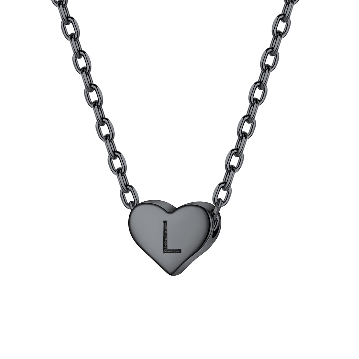 Initial L Heart Charm Necklace Black Plated