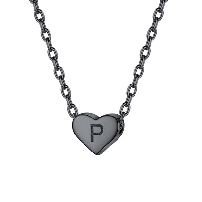 Initial P Heart Charm Necklace Black Plated
