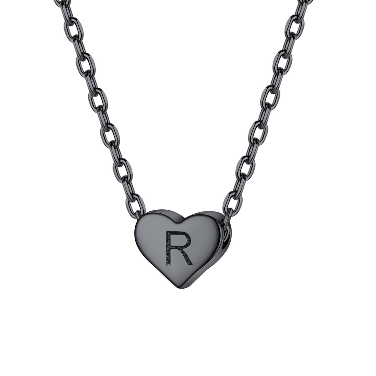 Initial R Heart Charm Necklace Black Plated