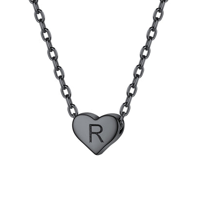 Initial R Heart Charm Necklace Black Plated