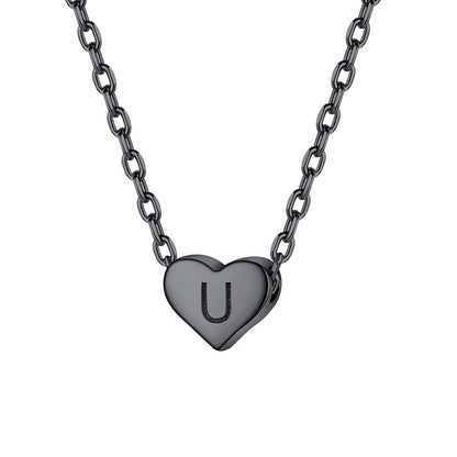 Initial U Heart Charm Necklace Black Plated
