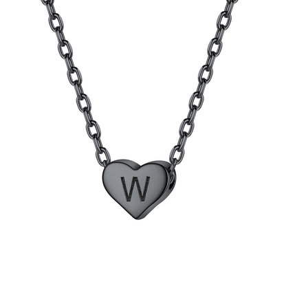 Initial W Heart Charm Necklace Black Plated