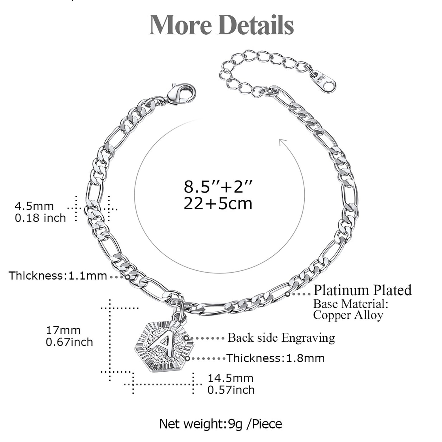 Figaro Chain Initial Anklet Sizing Chart 8-10.5 Inch