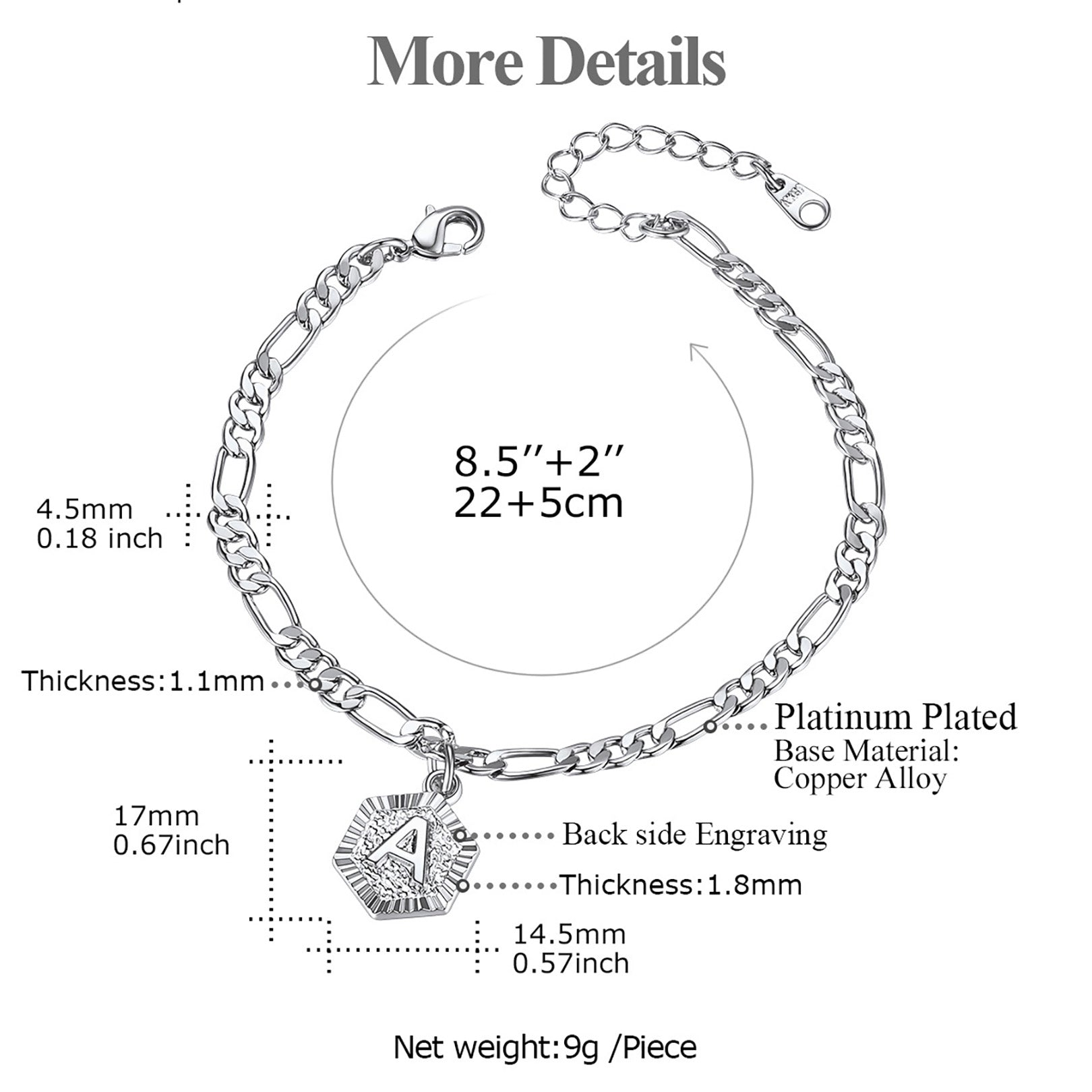 Figaro Chain Initial Anklet Sizing Chart 8-10.5 Inch