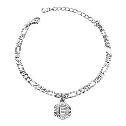 Silver Letter E Figaro Chain Ankle Bracelet For Women