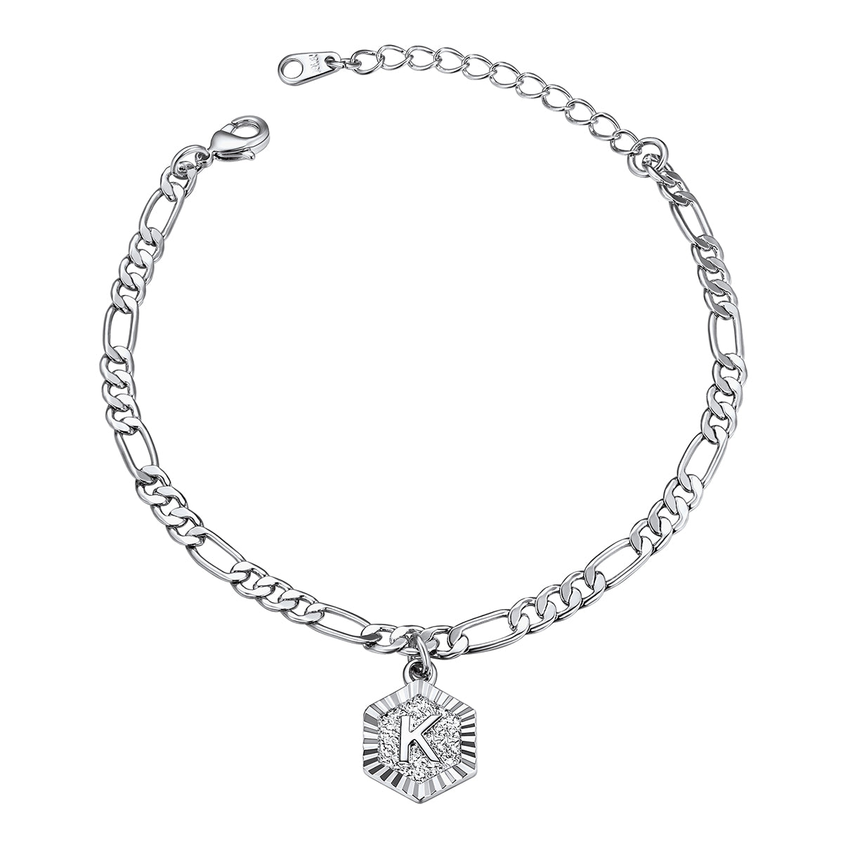 Silver Letter K Figaro Chain Ankle Bracelet For Women