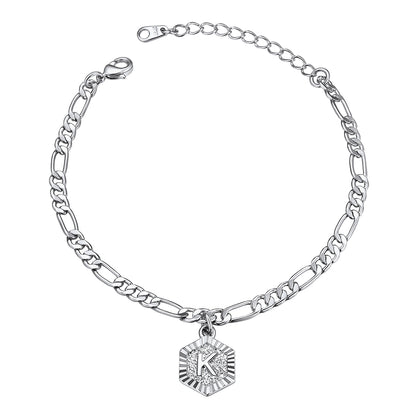 Silver Letter K Figaro Chain Ankle Bracelet For Women