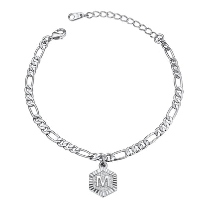 Silver Letter M Figaro Chain Ankle Bracelet For Women