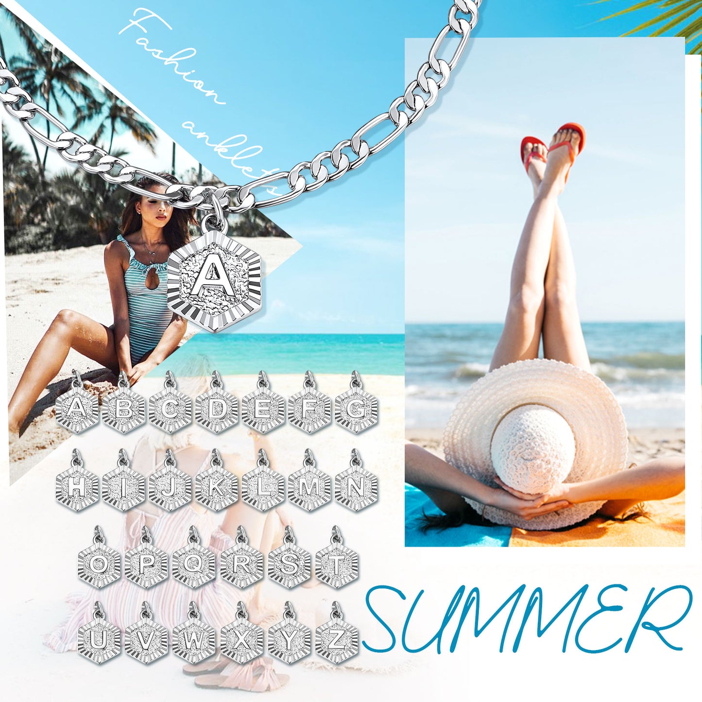Initials A-Z Figaro Chain Ankle Beach Jewelry