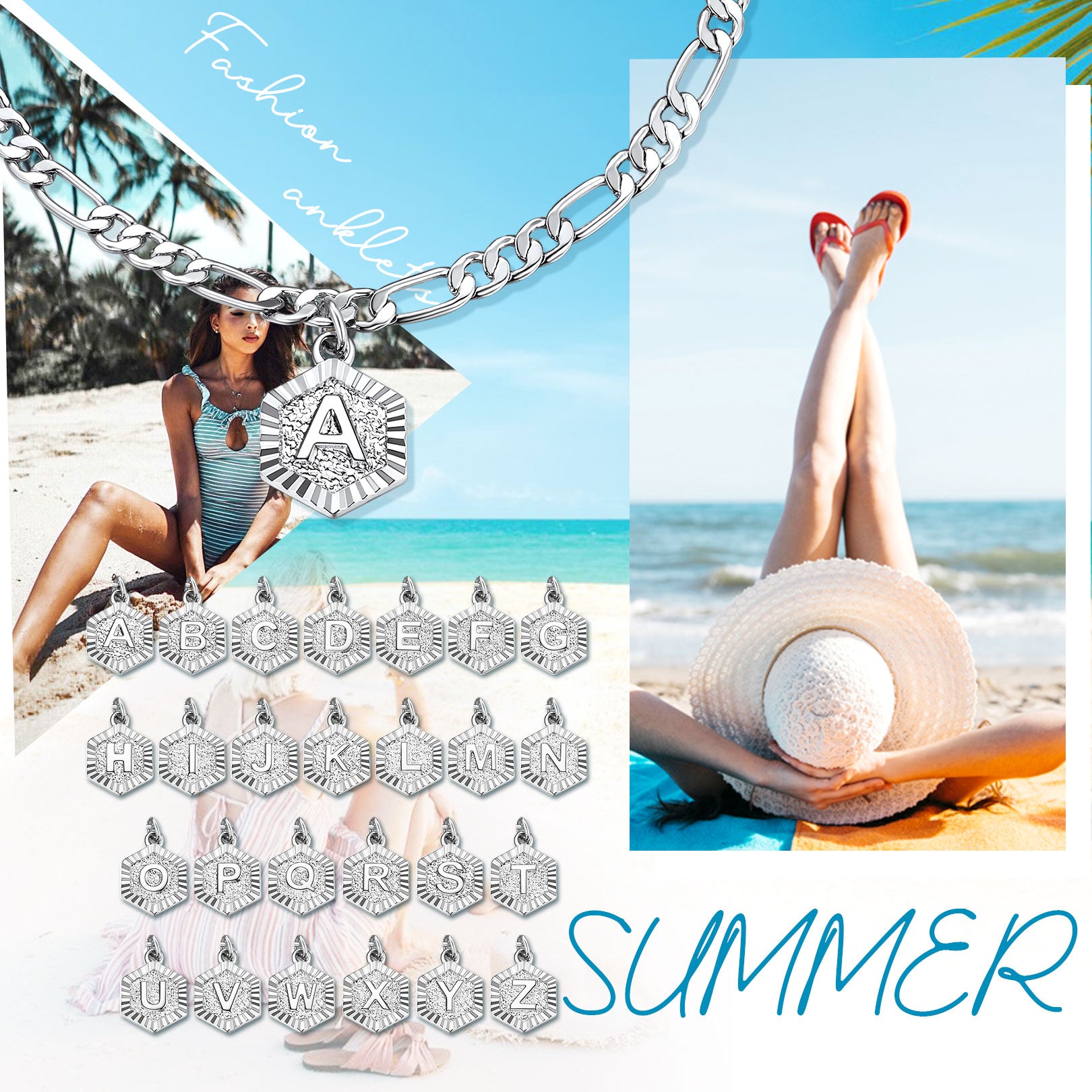Initials A-Z Figaro Chain Ankle Beach Jewelry