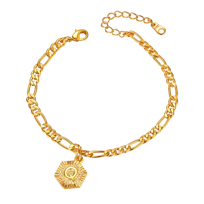 Gold Letter Q Figaro Chain Ankle Bracelet For Women