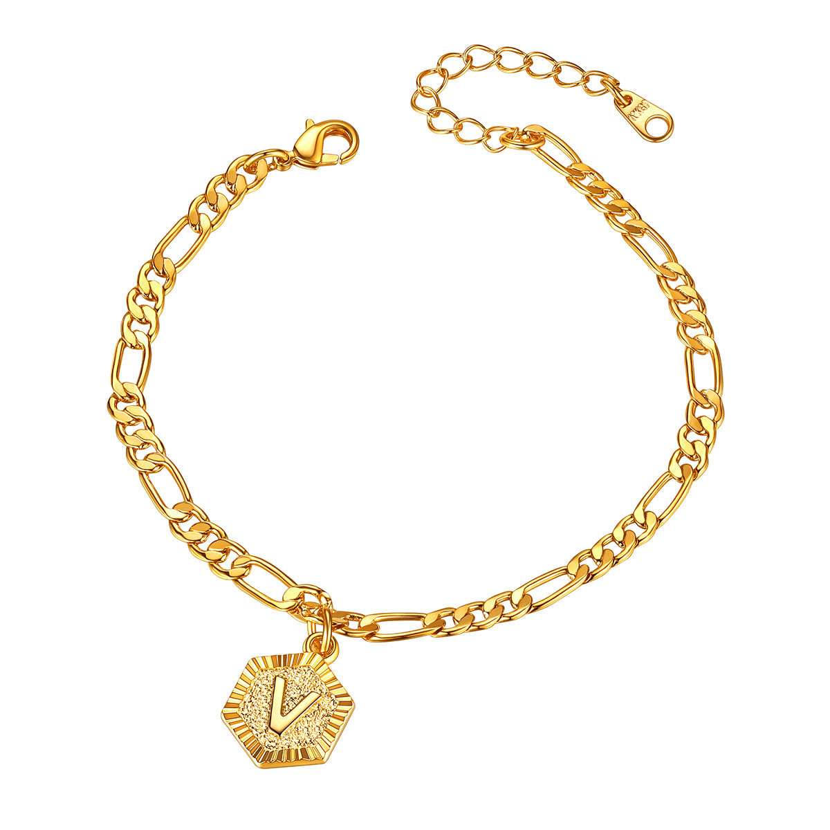 Gold Letter V Figaro Chain Ankle Bracelet For Women