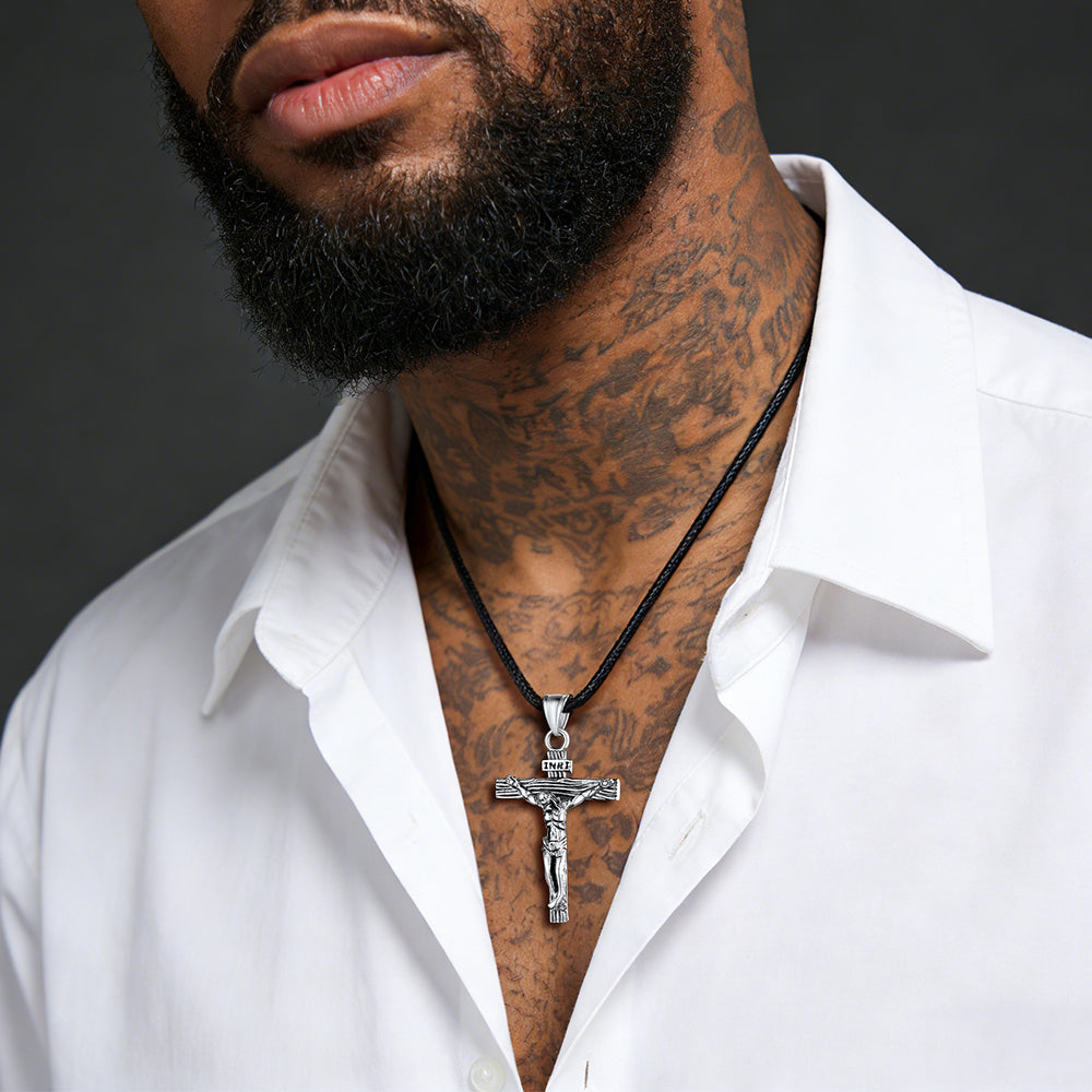  Jesus Crucifix Cross Braided Leather Necklace for Men