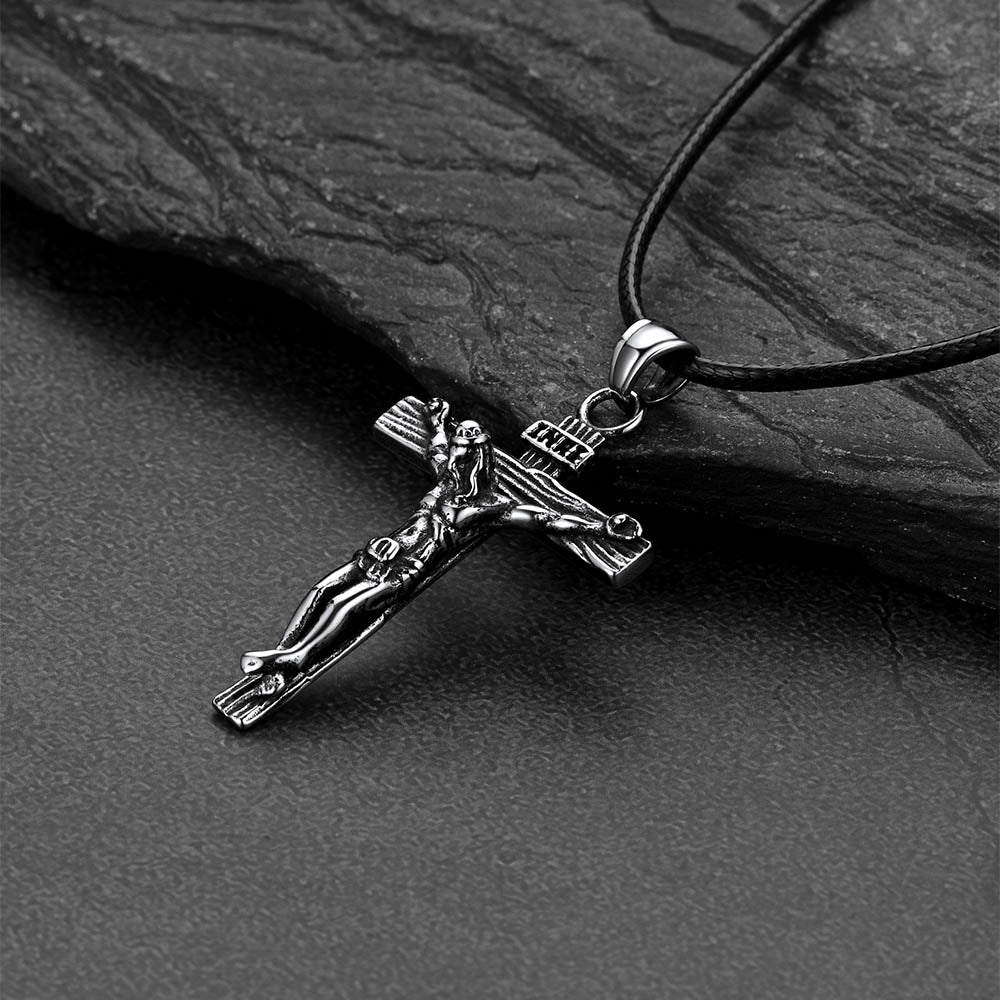 Jesus Crucifix Cross Braided Leather Necklace for Men