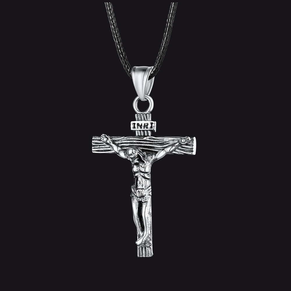 Steel / 26 inches Jesus Crucifix Cross Braided Leather Necklace for Men