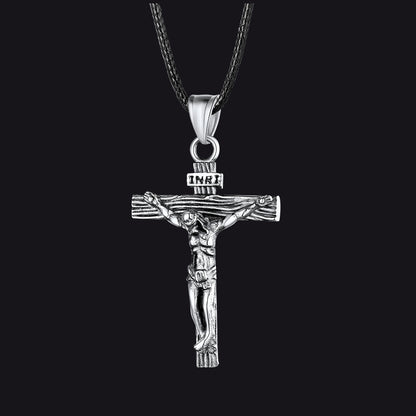 Steel / 26 inches Jesus Crucifix Cross Braided Leather Necklace for Men