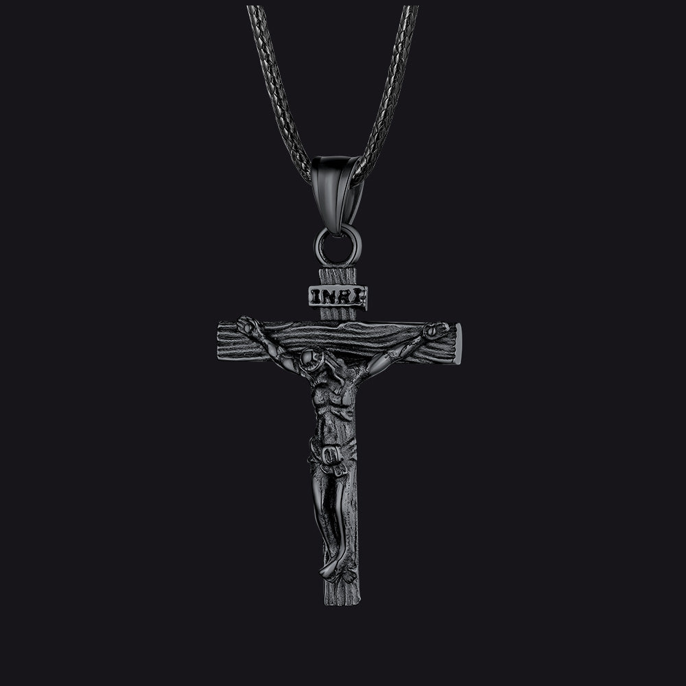 Black / 26 inches Jesus Crucifix Cross Braided Leather Necklace for Men