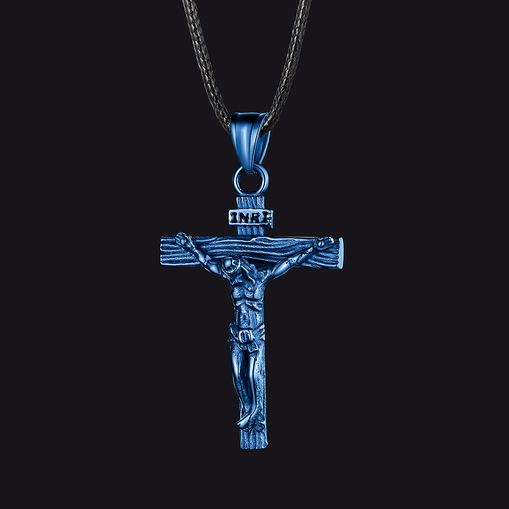 Blue / 26 inches Jesus Crucifix Cross Braided Leather Necklace for Men