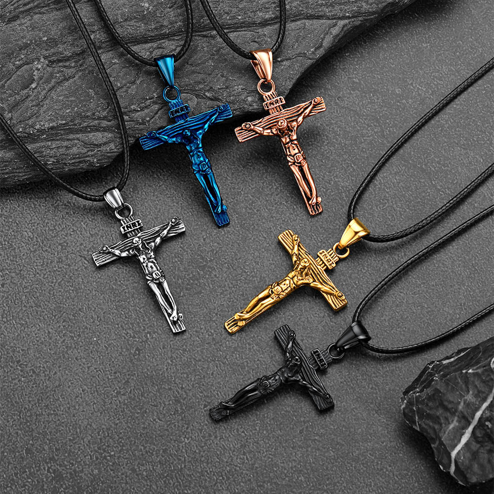 Jesus Crucifix Cross Braided Leather Necklace for Men