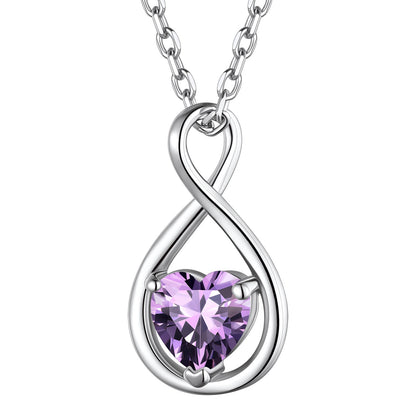 February Amethyst Birthstone Heart Infinity Necklace - 925 Sterling Silver Personalized Gift