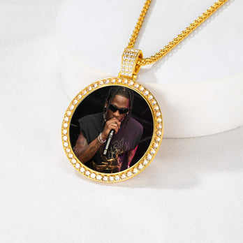 Personalized Large Picture Circle Necklace Pendant with Cubic Zirconia for Men