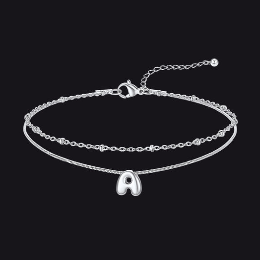 Silver Layered Chain with Beads Bubble Initial Anklets for Women Mom Giftimg