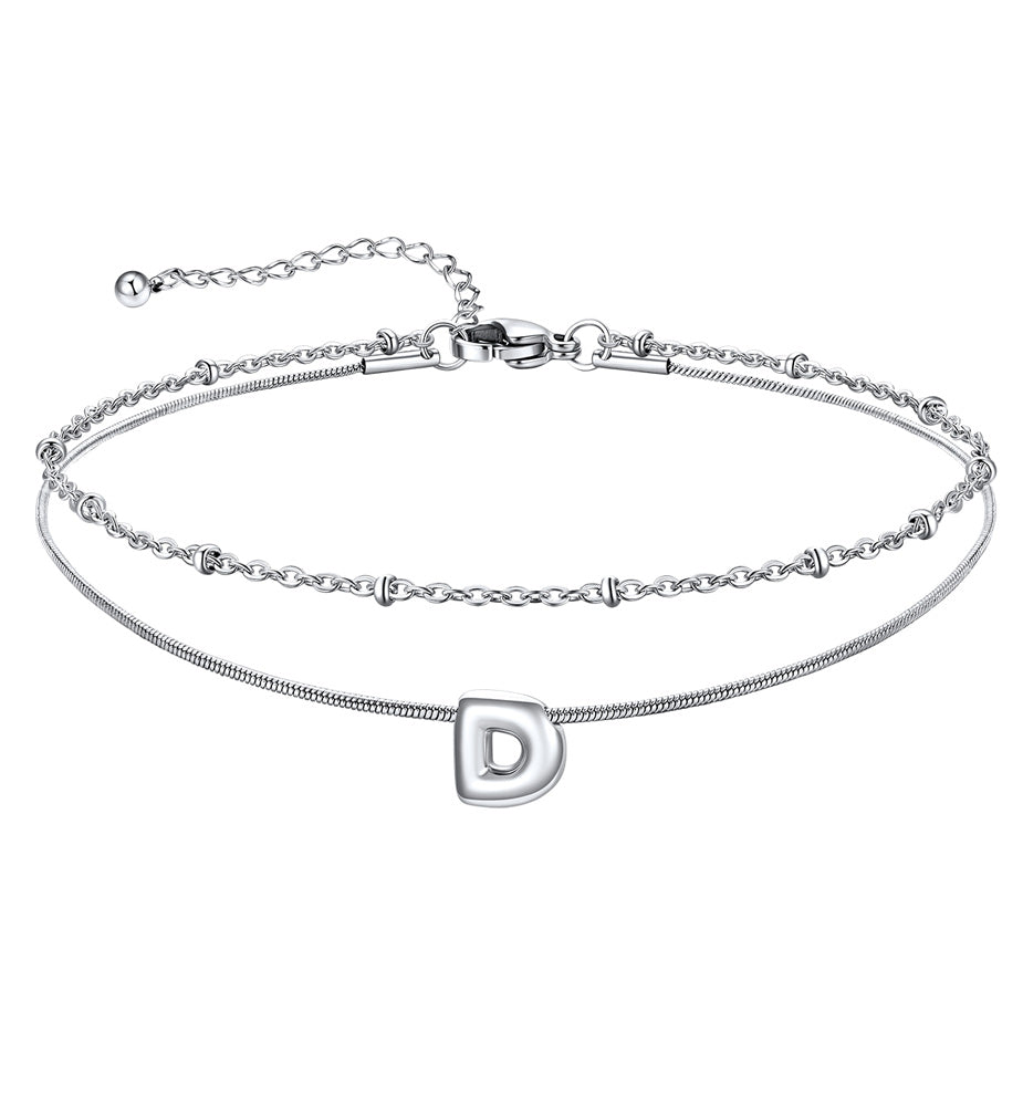 Layered Chain with Beads Bubble Initial Anklets for Women Mom Gift