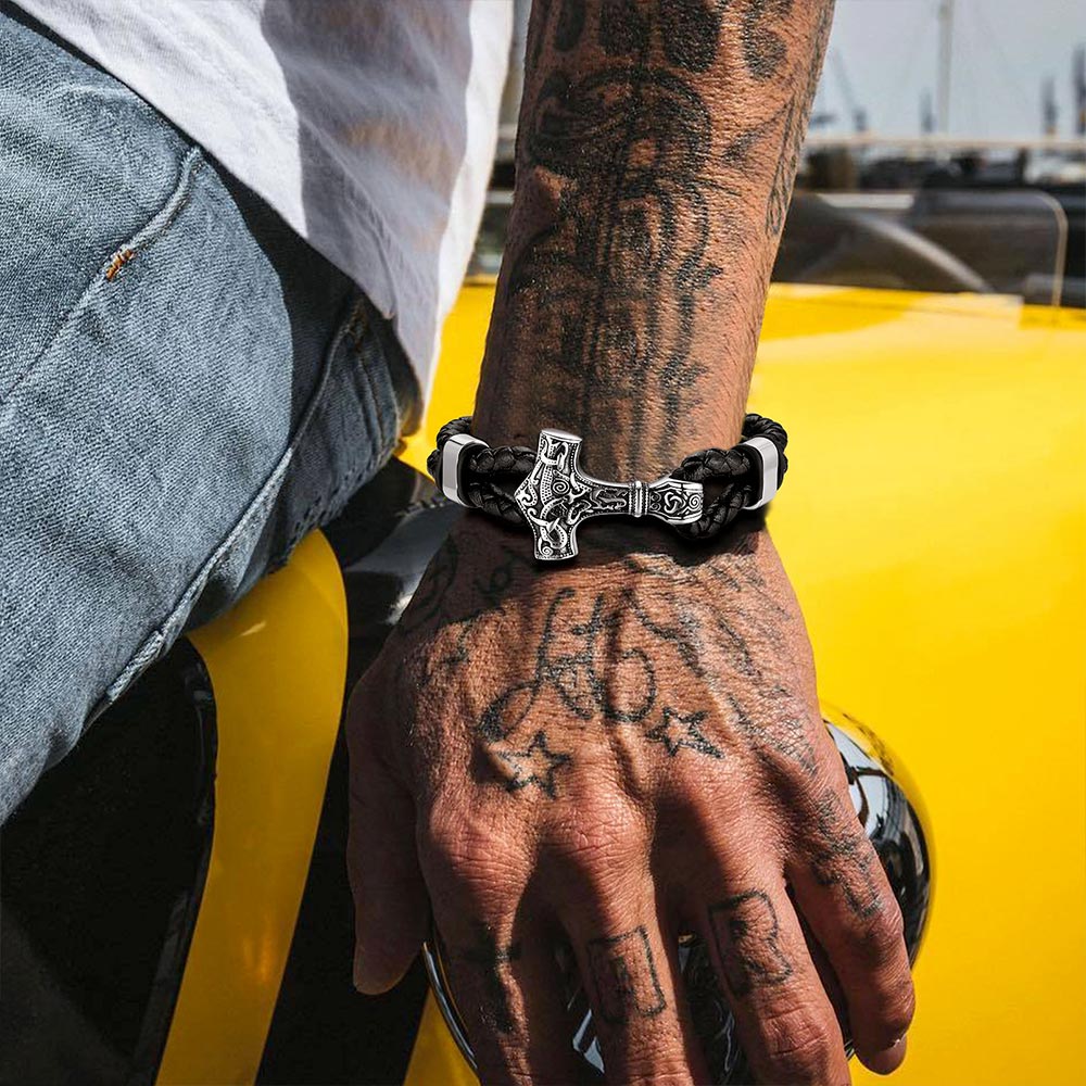 Viking Thor's Hammer Leather Bracelet For Men