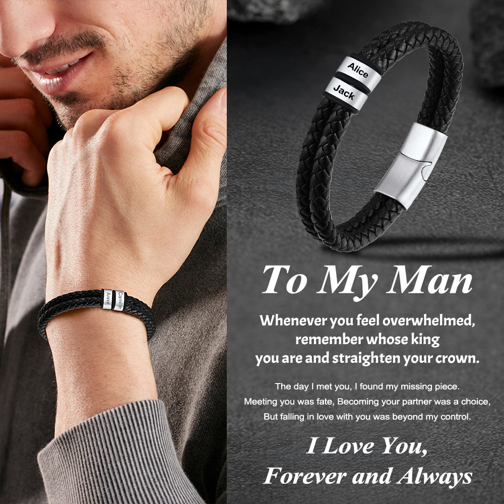 Customized Name Braided Leather Bracelet for Men