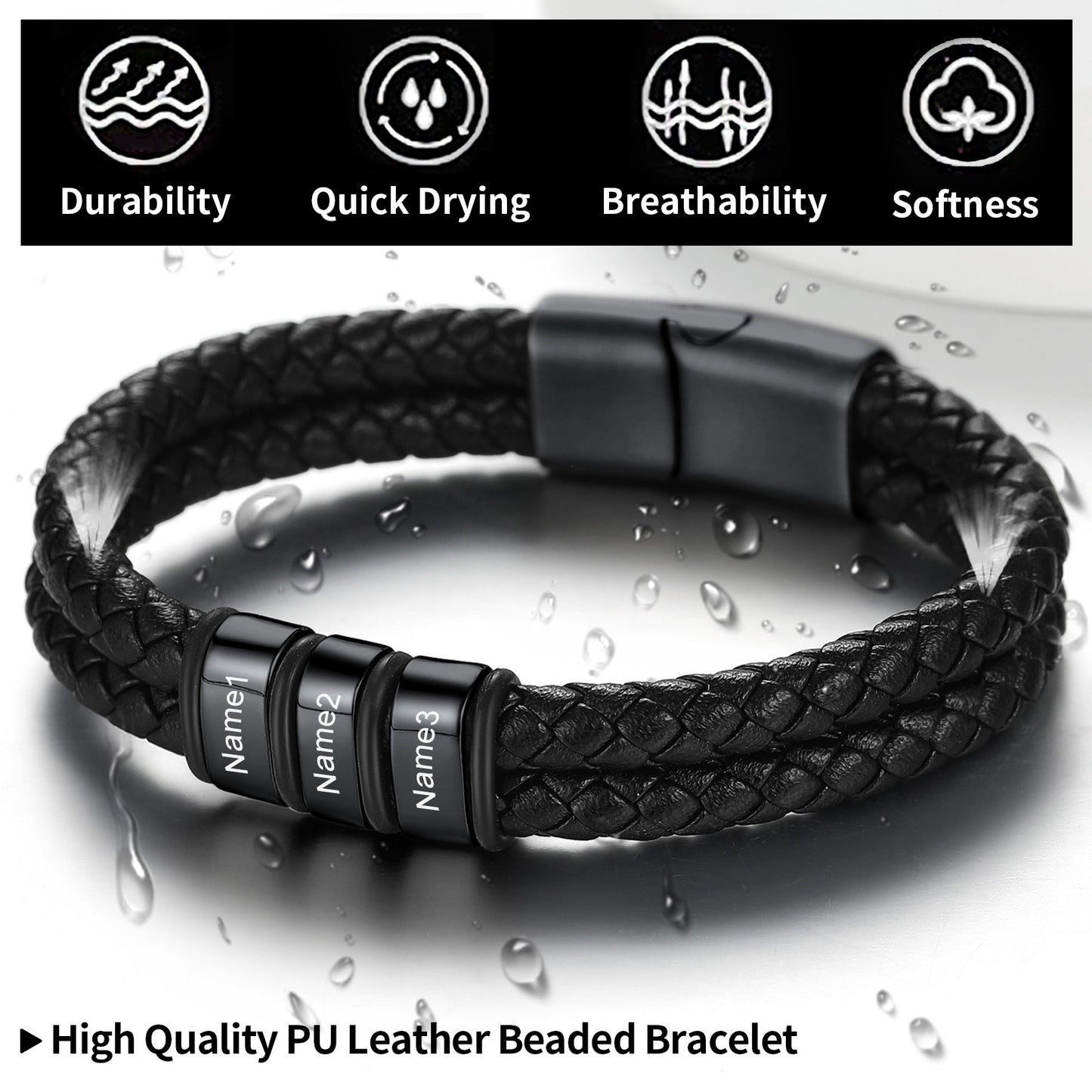 Customized Name Braided Leather Bracelet with Custom Beaded for Men Dad