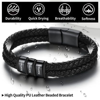 Customized Name Braided Leather Bracelet with Custom Beaded for Men Dad