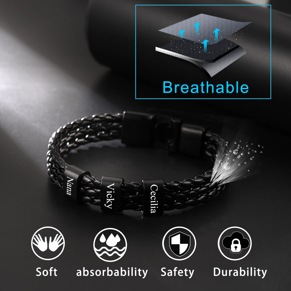 Customized Braided Leather Bracelet with Beads Names for Men Dad