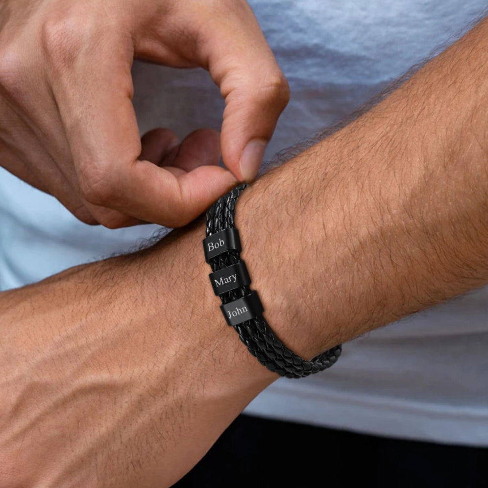 Customized Braided Leather Bracelet with Beads Names Gift for Men Dad