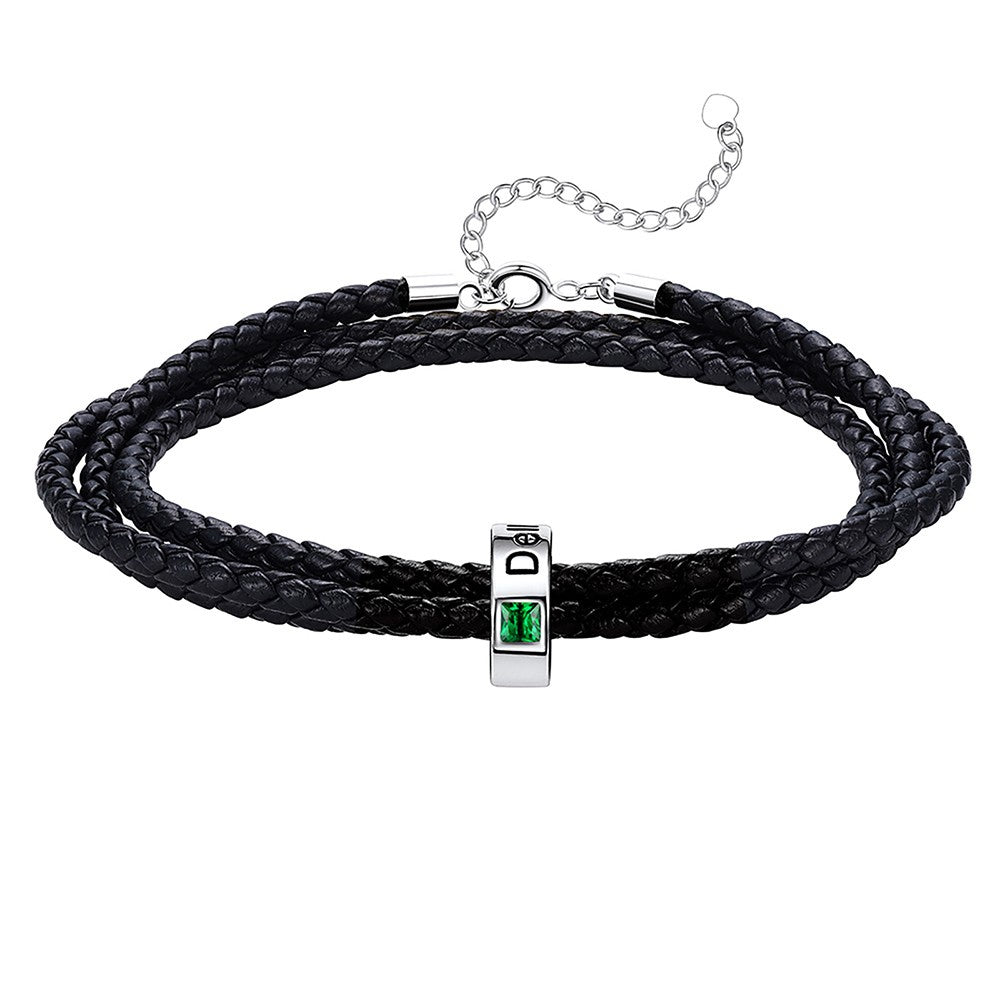 Leather Braided Bracelet with 1 Birthstone Beads