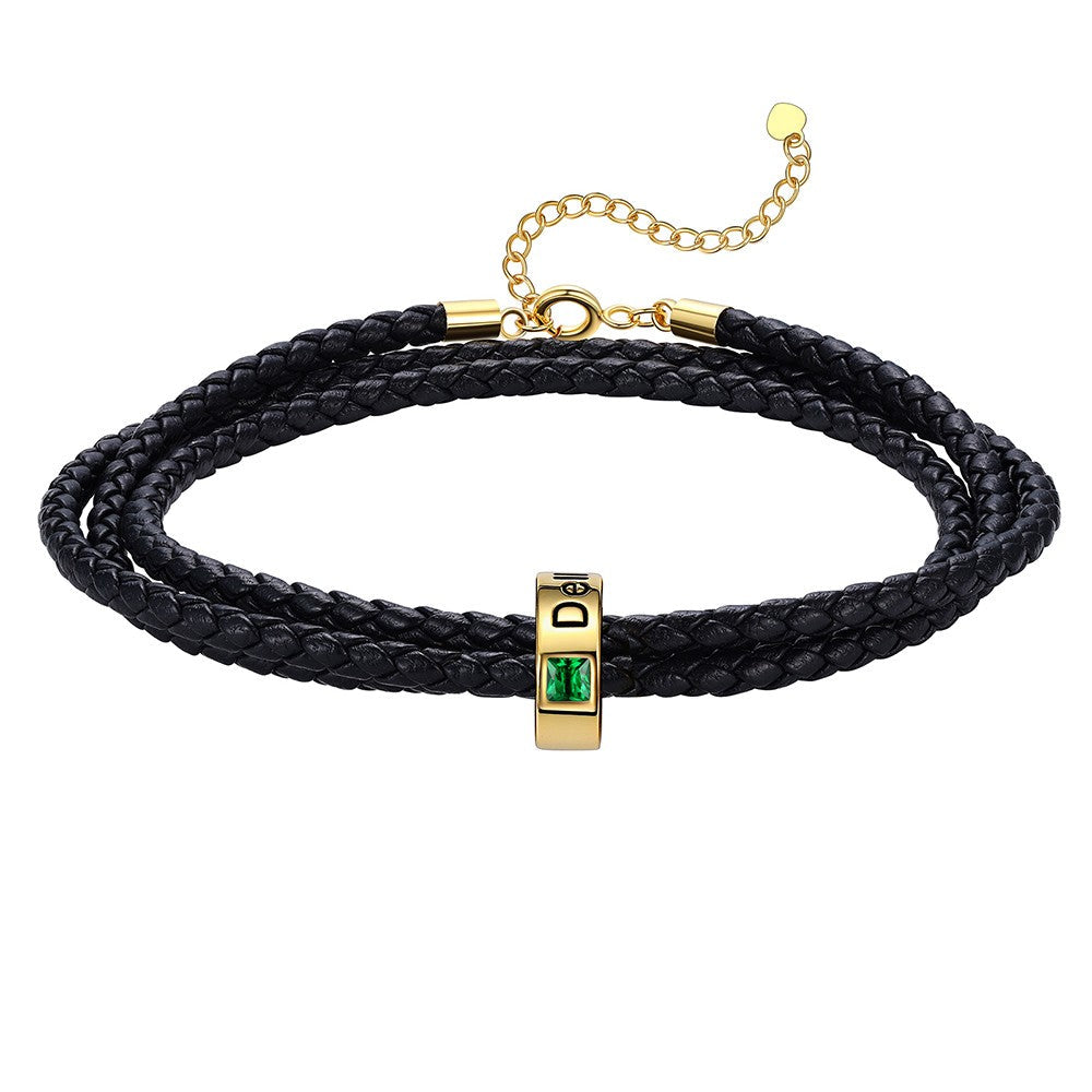 Leather Braided Bracelet with 1 Birthstone Gold Beads