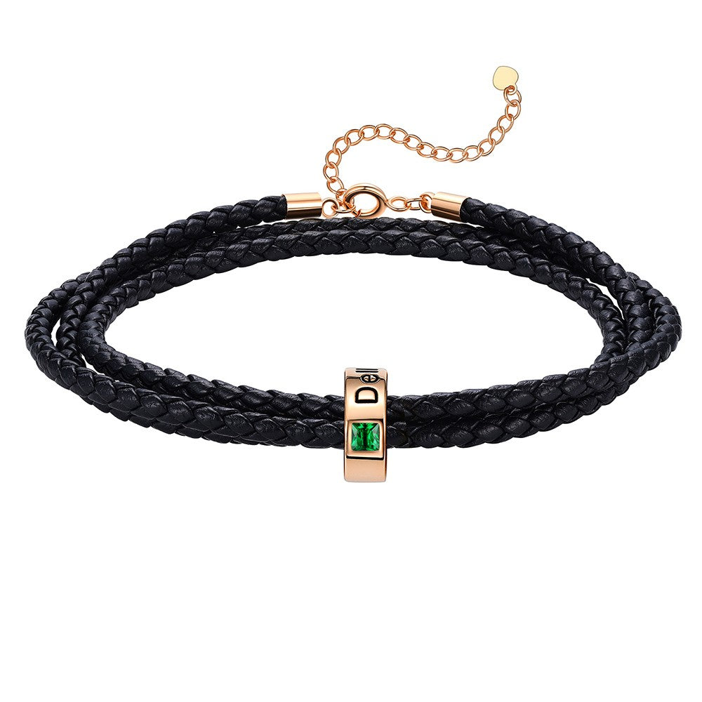 Leather Braided Bracelet with 1 Birthstone Rose Gold Beads