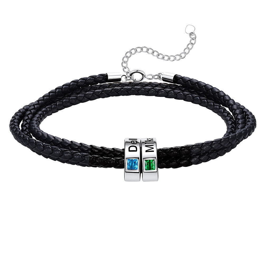 Leather Braided Bracelet with 2 Birthstone Beads