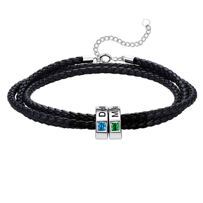 Leather Braided Bracelet with 2 Birthstone Beads