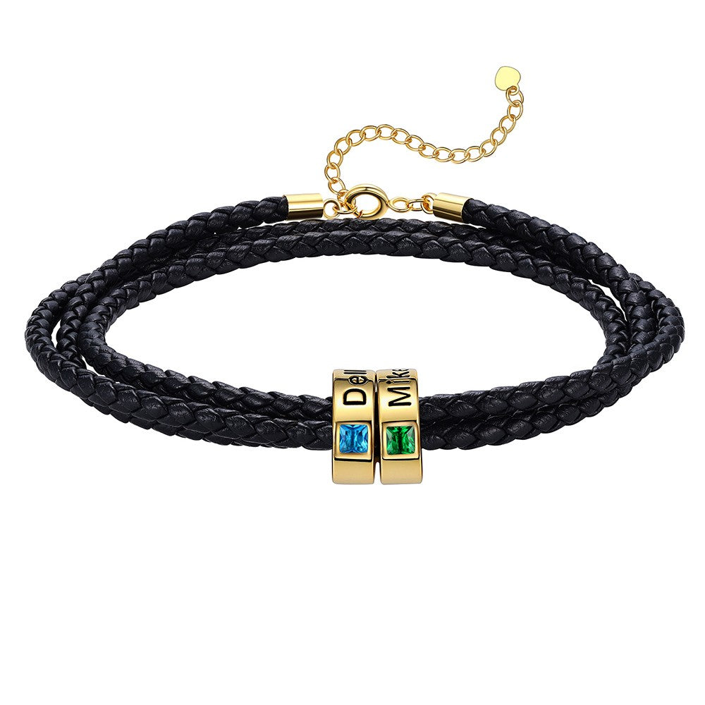Leather Braided Bracelet with 2 Birthstone Gold Beads