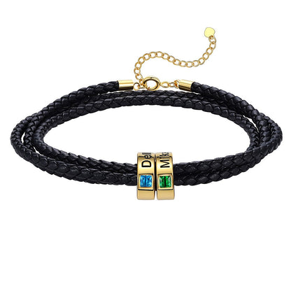 Leather Braided Bracelet with 2 Birthstone Gold Beads