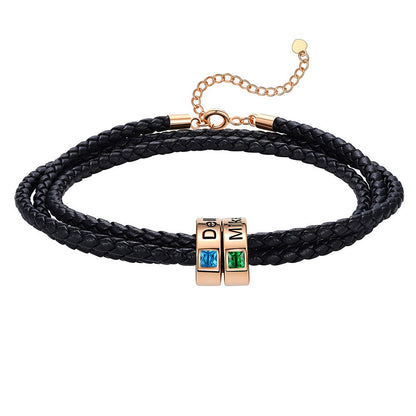 Leather Braided Bracelet with 2 Birthstone Rose Gold Beads
